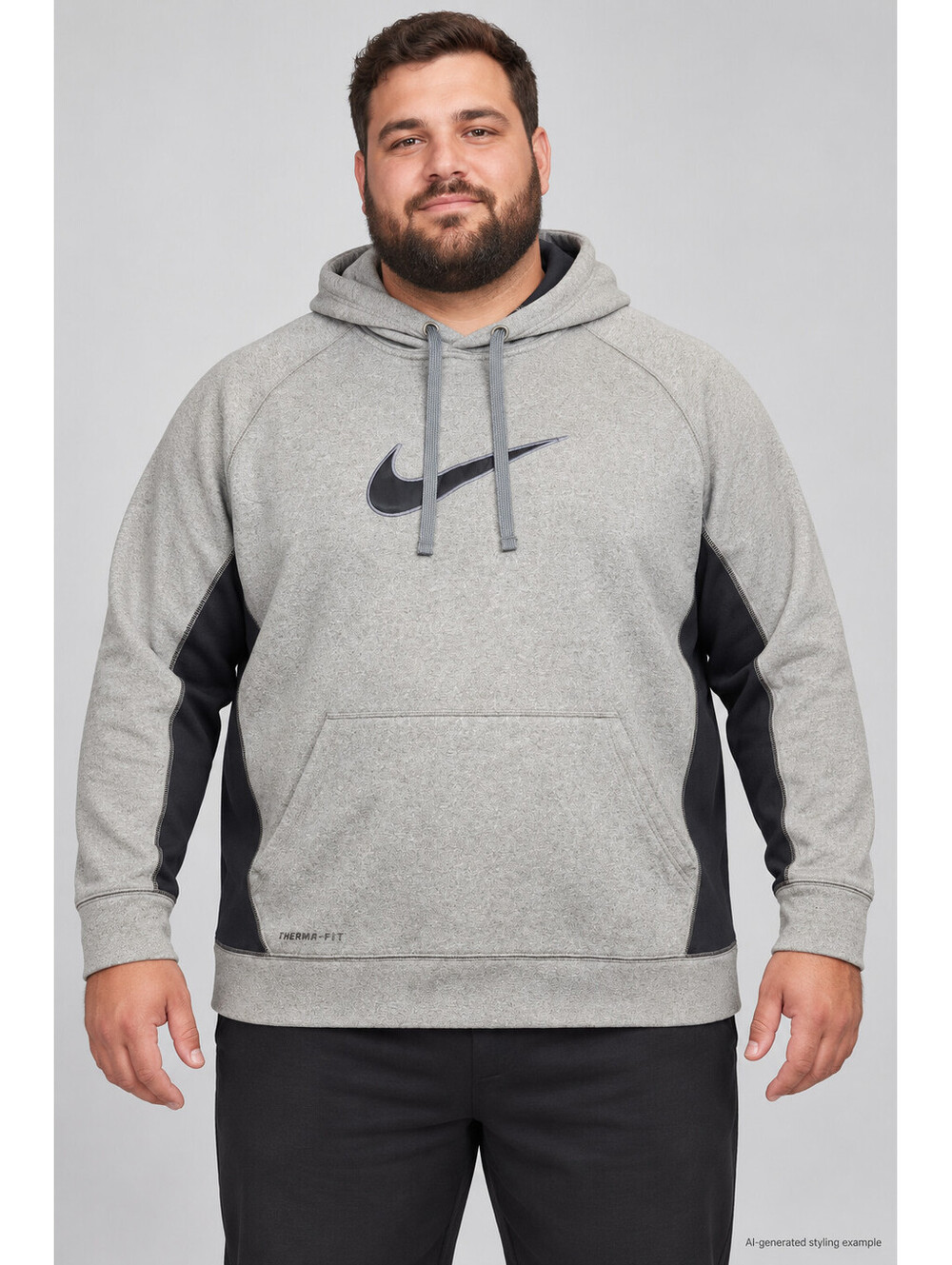 Nike Therma-Fit Hoodie Mens XXL Gray Black Swoosh Pullover Sweatshirt 2XL Pocket